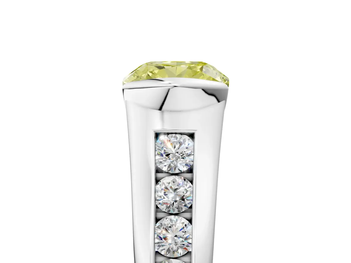 Fancy Yellow Cushion Cut Solitaire Bezel-Set Diamond Ring with Channel-Set Band Platinum
