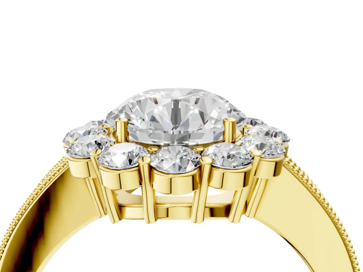 Round Cut Cut Halo Diamond Pavé Engagement Ring with Milgrain Detailing Yellow gold