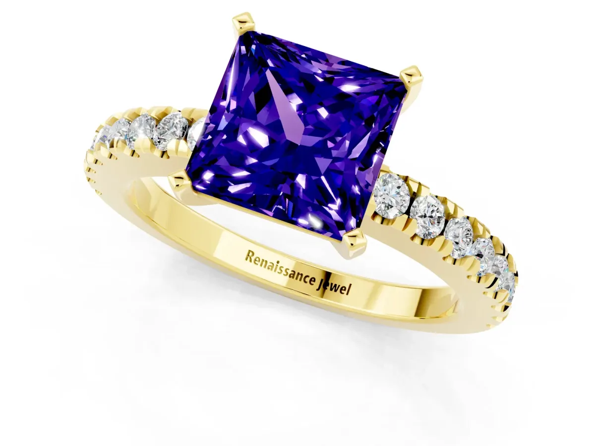 Princess Cut Solitaire Tanzanite with Pavé Band and Four-Prong Setting Yellow gold