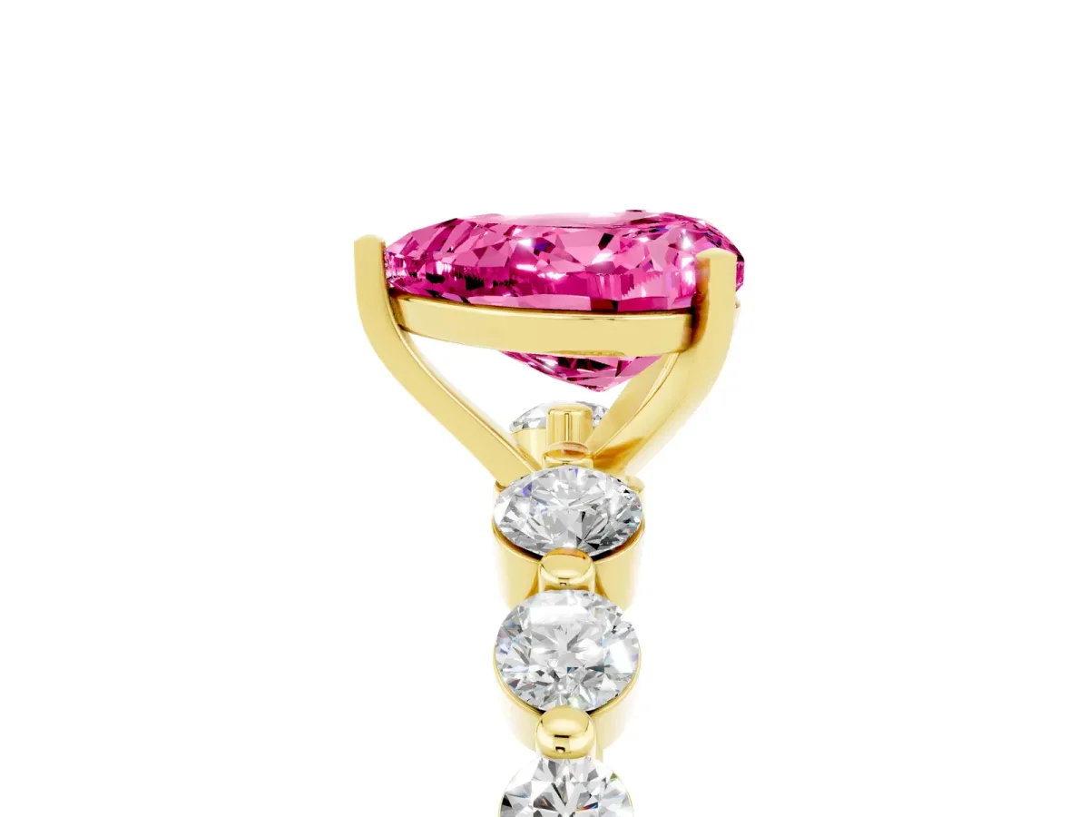 Heart Cut Solitaire Pink Sapphire Ring with Pave Band and Four-Prong Setting Yellow gold