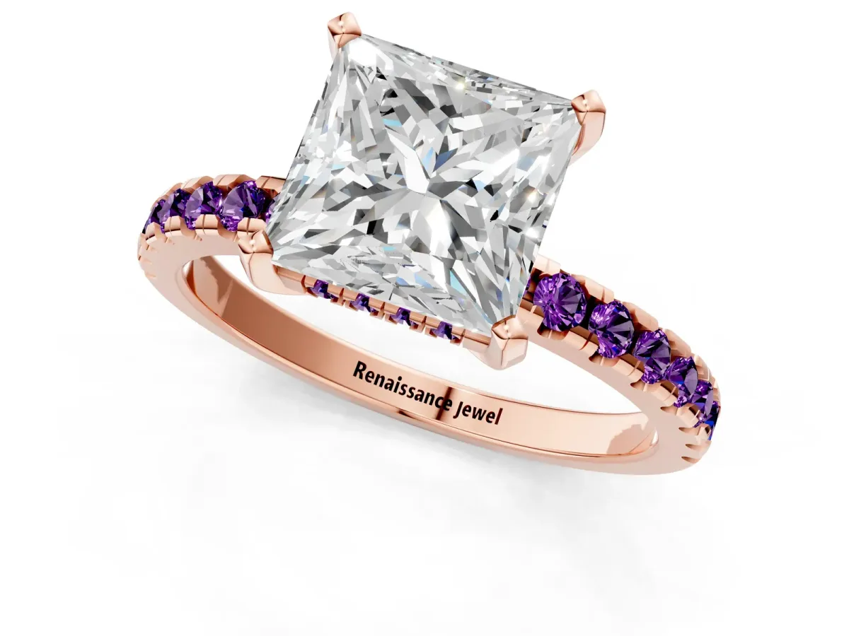Princess Cut Diamond Solitaire Ring with Round Amethyst Pavé Band and Four-Prong Setting Rose gold