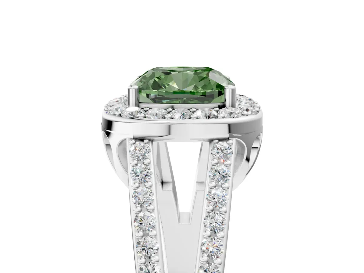 Fancy Green Cushion Cut Diamond Halo Ring with Split Shank U-Prong Band and Four-Prong Setting White gold