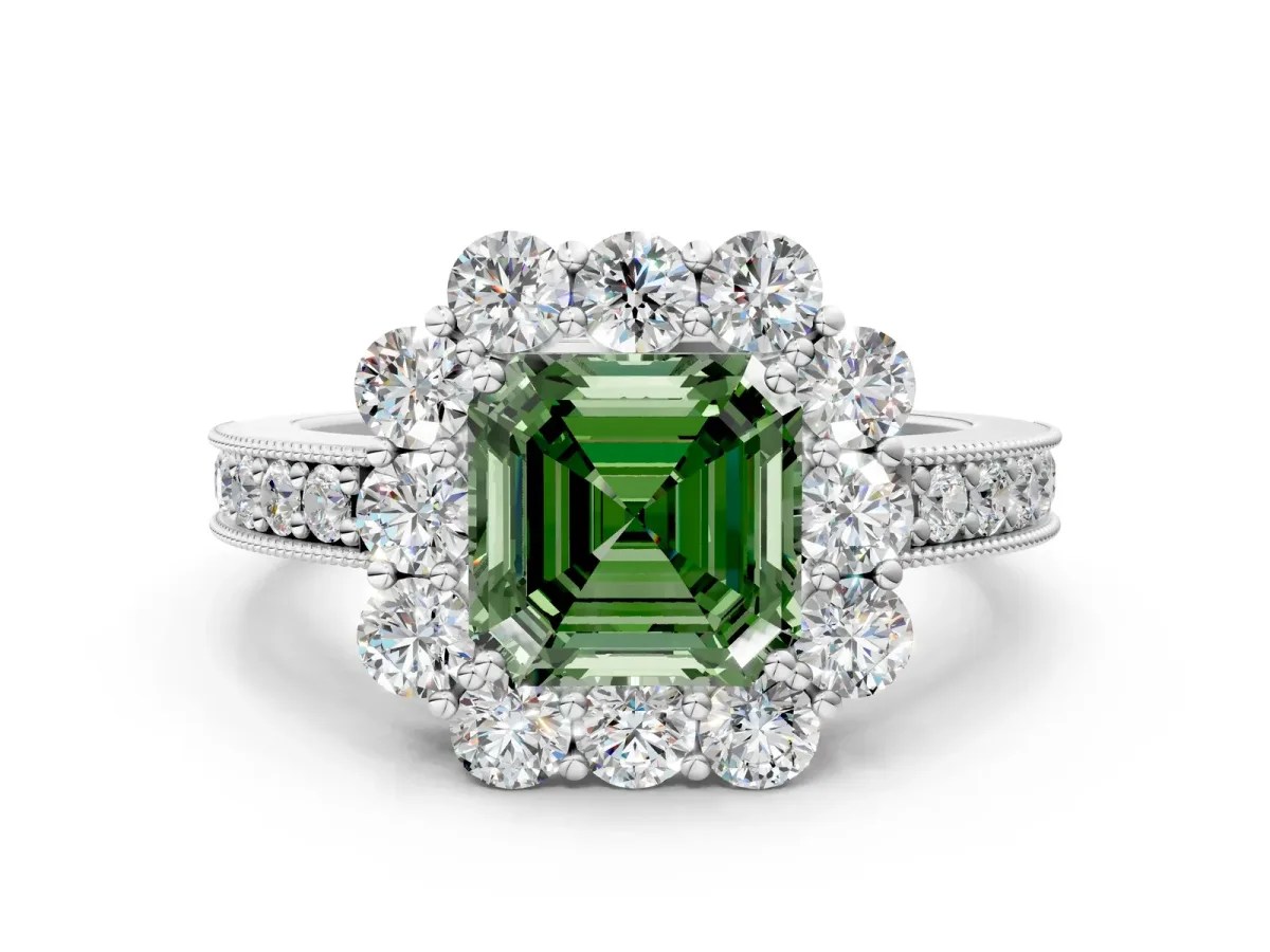Fancy Green Asscher Cut Cut Halo Diamond Pavé Engagement Ring with Milgrain Detailing Platinum