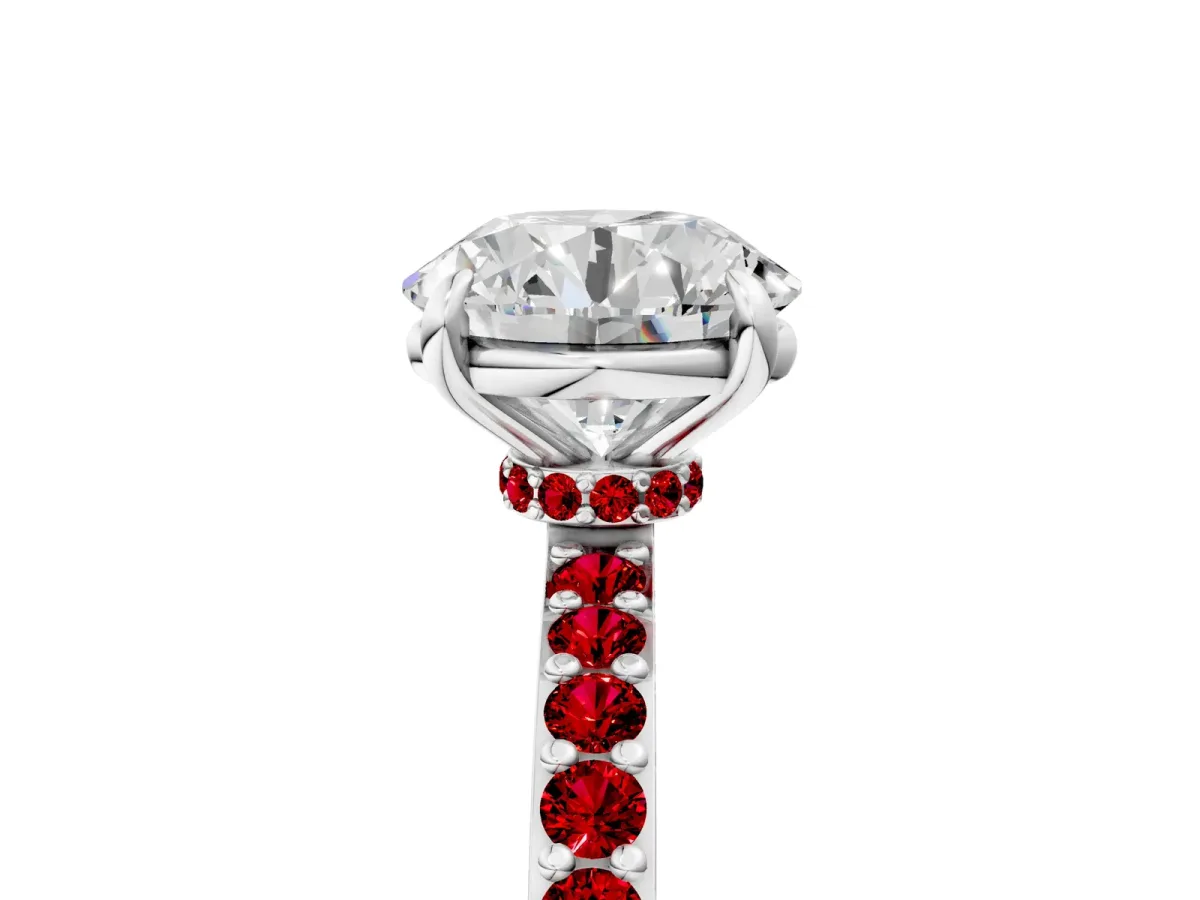 Round Cut Diamond Pavé Engagement Ring with Round Ruby Accents and Prong Setting Silver
