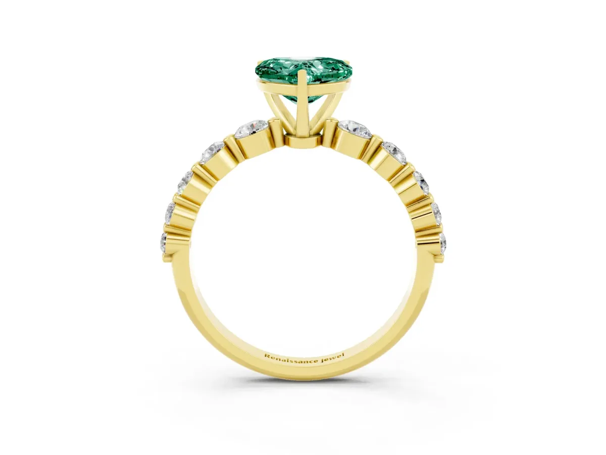 Heart Cut Solitaire Green Sapphire Ring with Pave Band and Four-Prong Setting Yellow gold