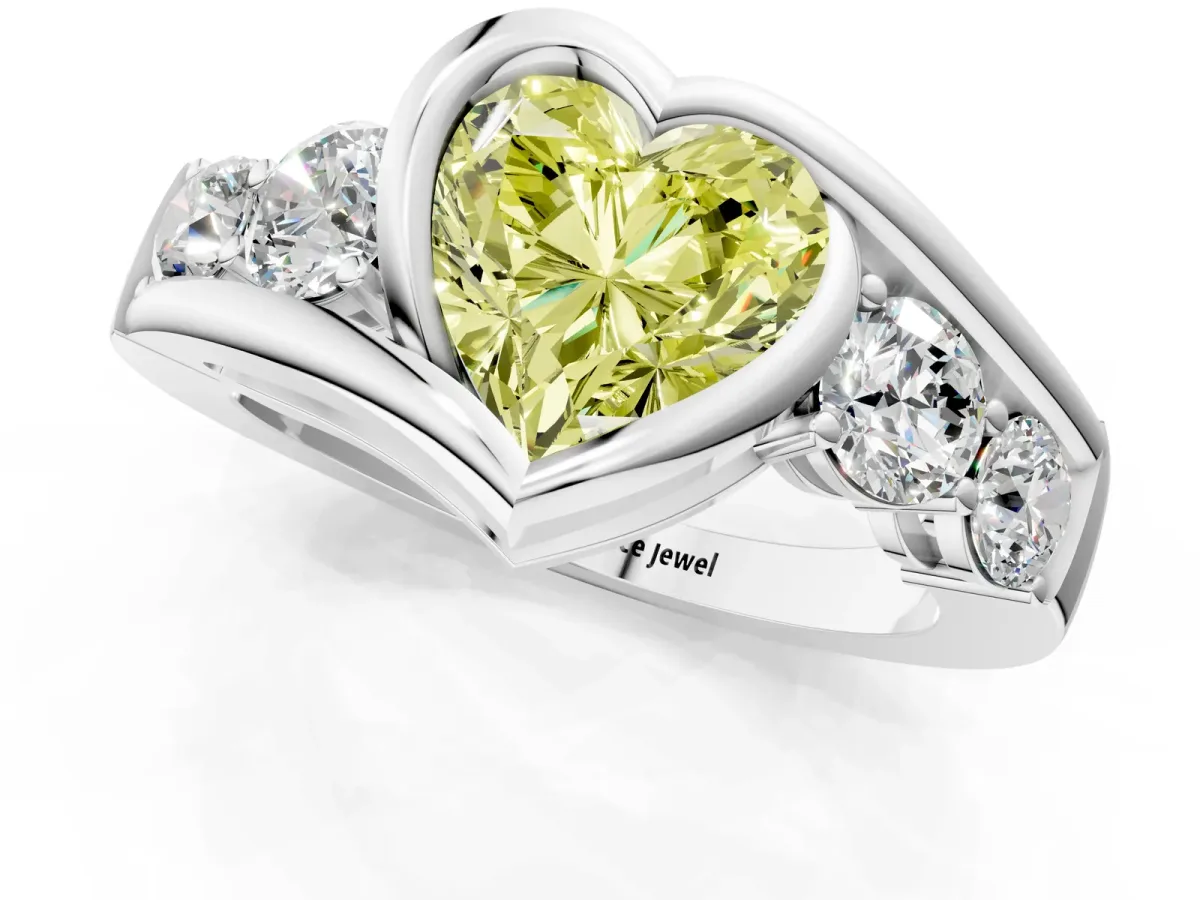 Fancy Yellow Bezel Set Heart Cut Diamond Bypass Ring with Round Accents Platinum