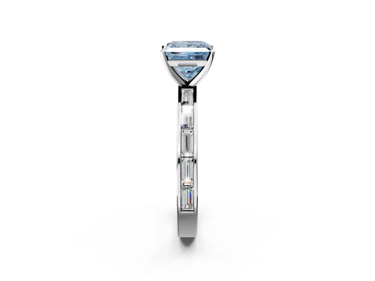 Fancy Blue Princess Cut Solitaire Diamond Ring with Channel-Set Baguette Band and Four-Prong Setting White gold