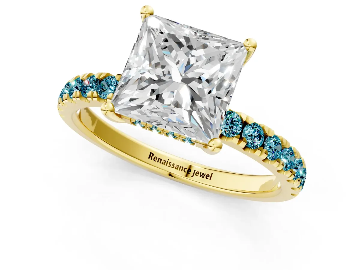 Princess Cut Diamond Pave Band Solitaire Ring with Round Blue Topaz and Prong Setting Yellow gold