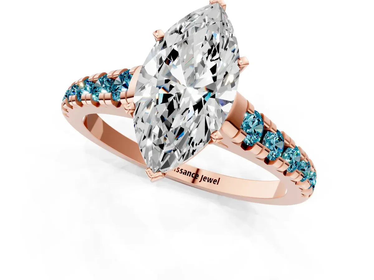 Marquise Cut Diamond Cathedral Solitaire Ring with Round Blue Topaz Pavé Band Rose gold
