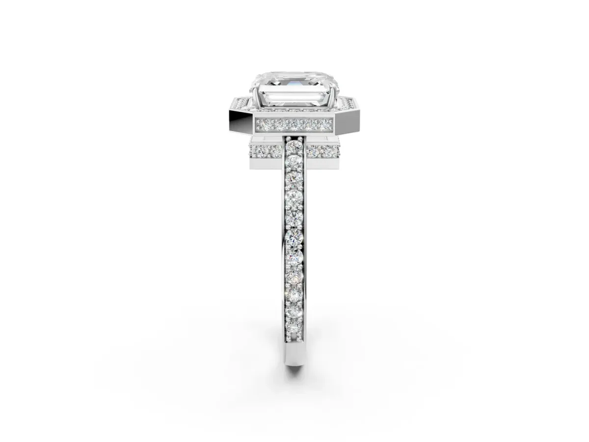 Asscher Cut Halo Pave Band Solitaire Ring with Prong Setting Platinum