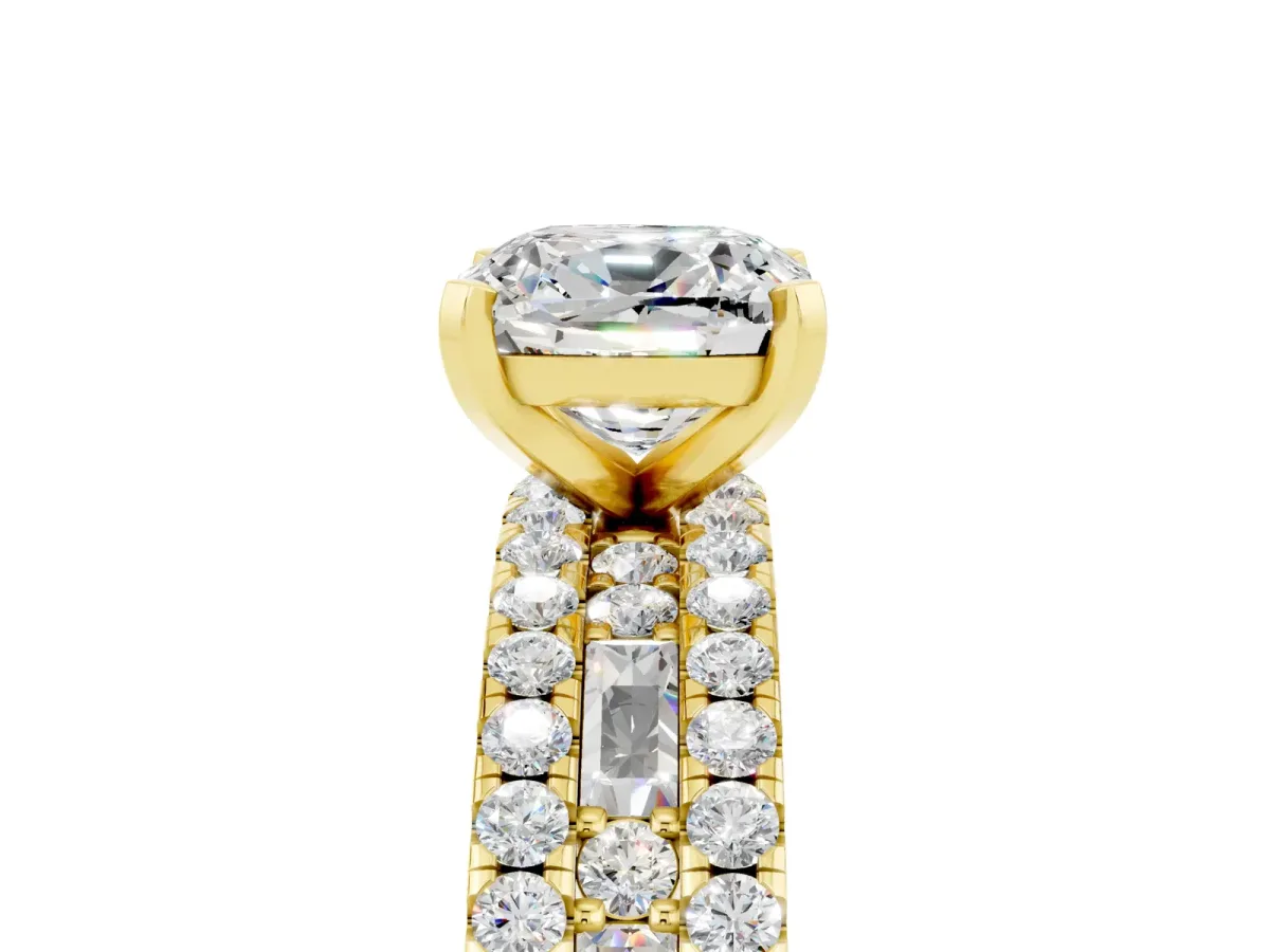 Cushion Cut Moissanite Solitaire Ring with Pavé and Channel Set Band Yellow gold