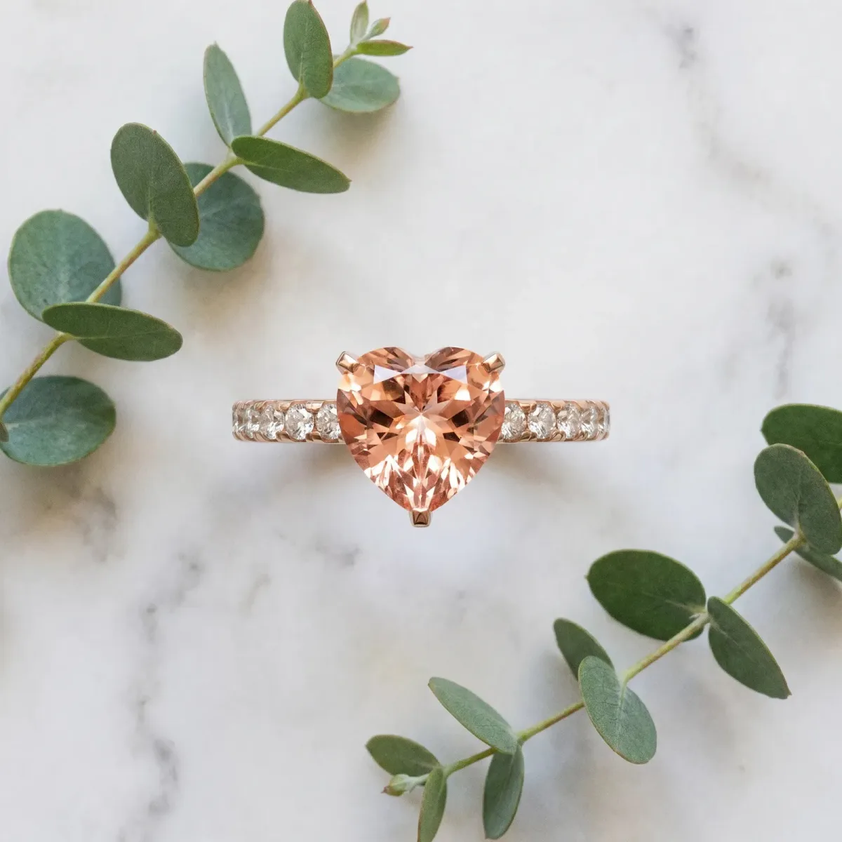 Heart Cut Morganite Solitaire Ring with Round Pavé Band and Four-Prong Setting Rose gold