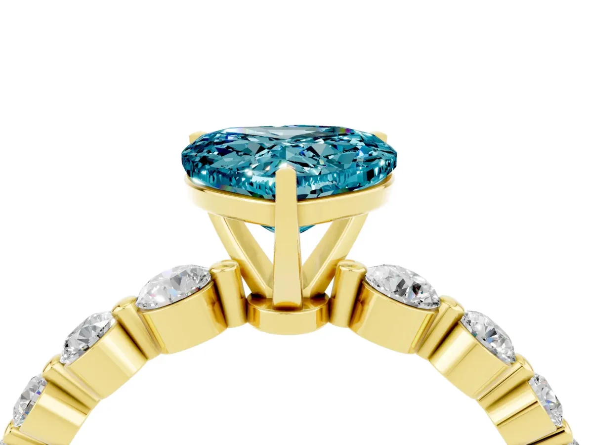Heart Cut Solitaire Blue Topaz Ring with Pave Band and Four-Prong Setting Yellow gold
