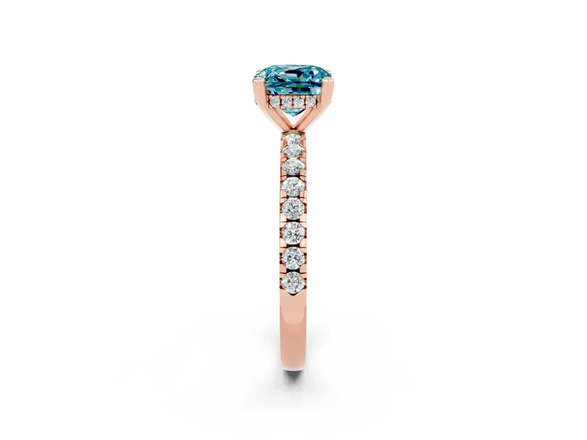 Cushion Cut Blue Topaz Solitaire Ring with Round Pavé Band and Four-Prong Setting Rose gold