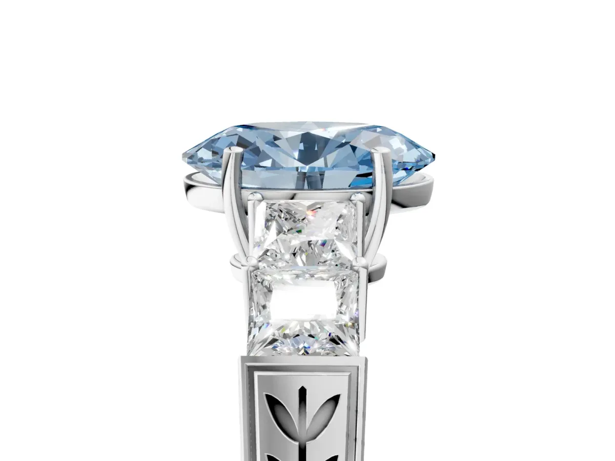 Fancy Blue Oval Cut Solitaire Princess Side Stone Engraved Band Prong Setting Ring Silver