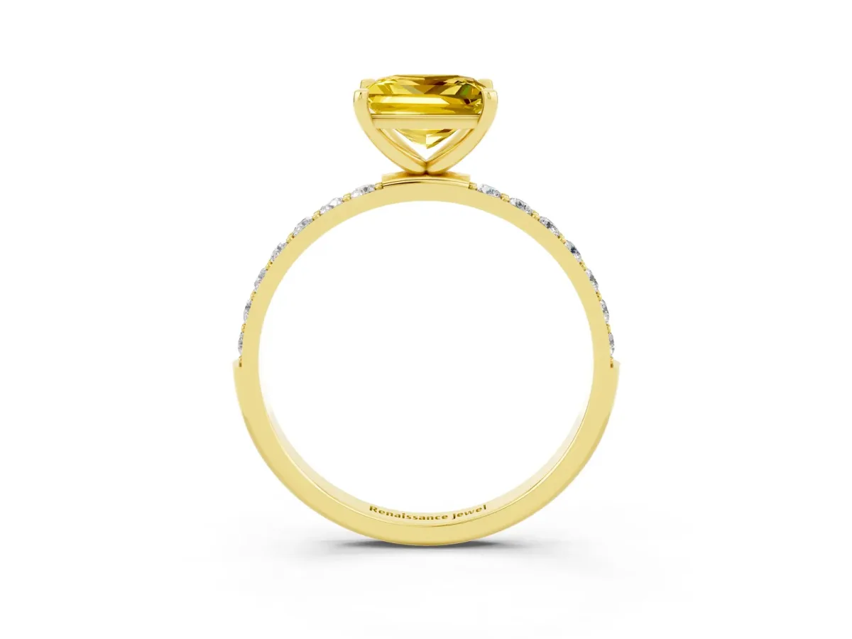 Princess Cut Yellow Sapphire Solitaire Ring with Round Pavé Band and Prong Setting Yellow gold