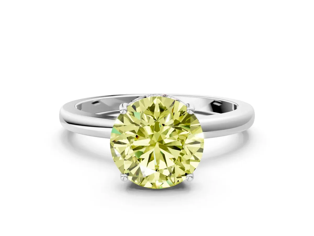 Fancy Yellow Round Cut Solitaire Diamond Ring with Prong Setting and Plain Band Platinum