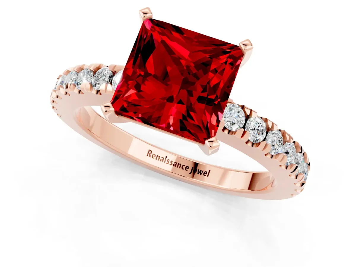Princess Cut Solitaire Ruby with Pavé Band and Four-Prong Setting Rose gold