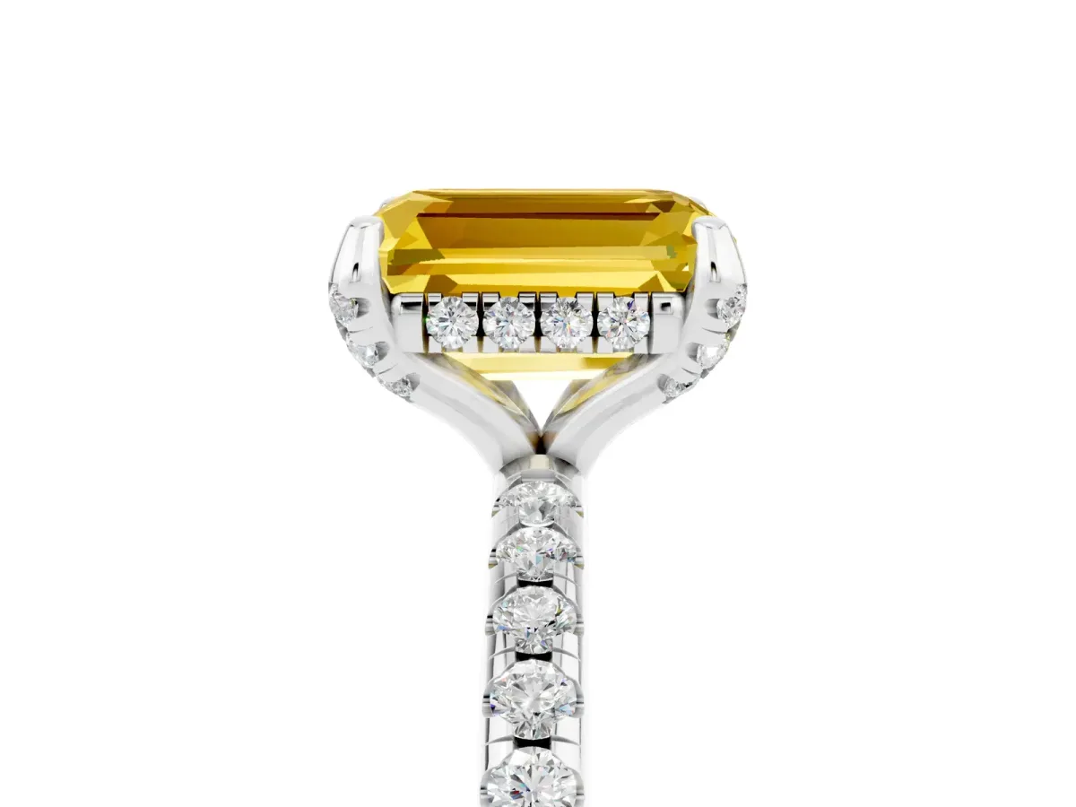 Emerald Cut Yellow Sapphire Hidden Halo Engagement Ring with Round Pavé Band and Prong Setting Silver