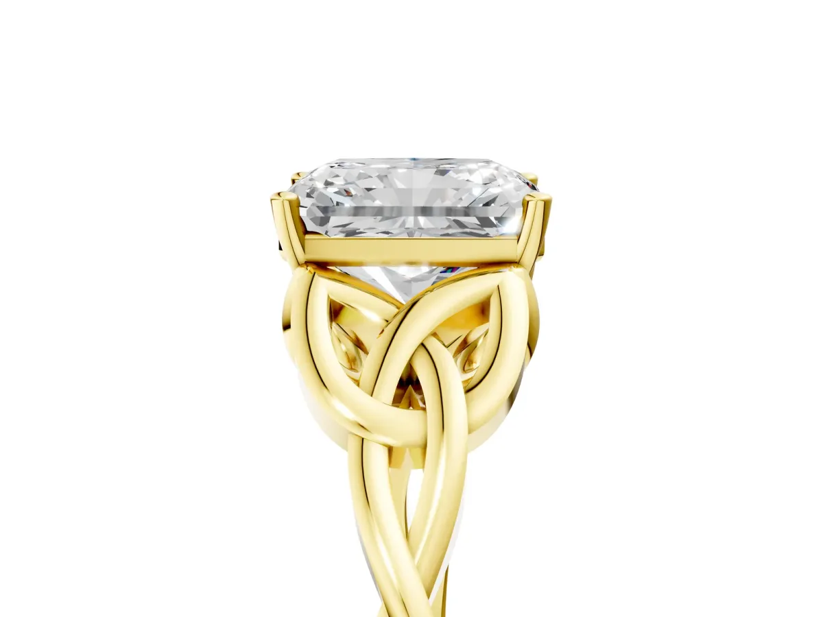 Radiant Cut Diamond Solitaire Engagement Ring with Celtic Knot Band and Four-Prong Setting Yellow gold