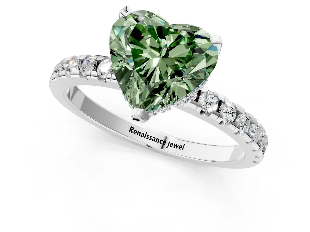 Fancy Green Heart Cut Diamond Solitaire Ring with Round Pavé Band and Four-Prong Setting White gold