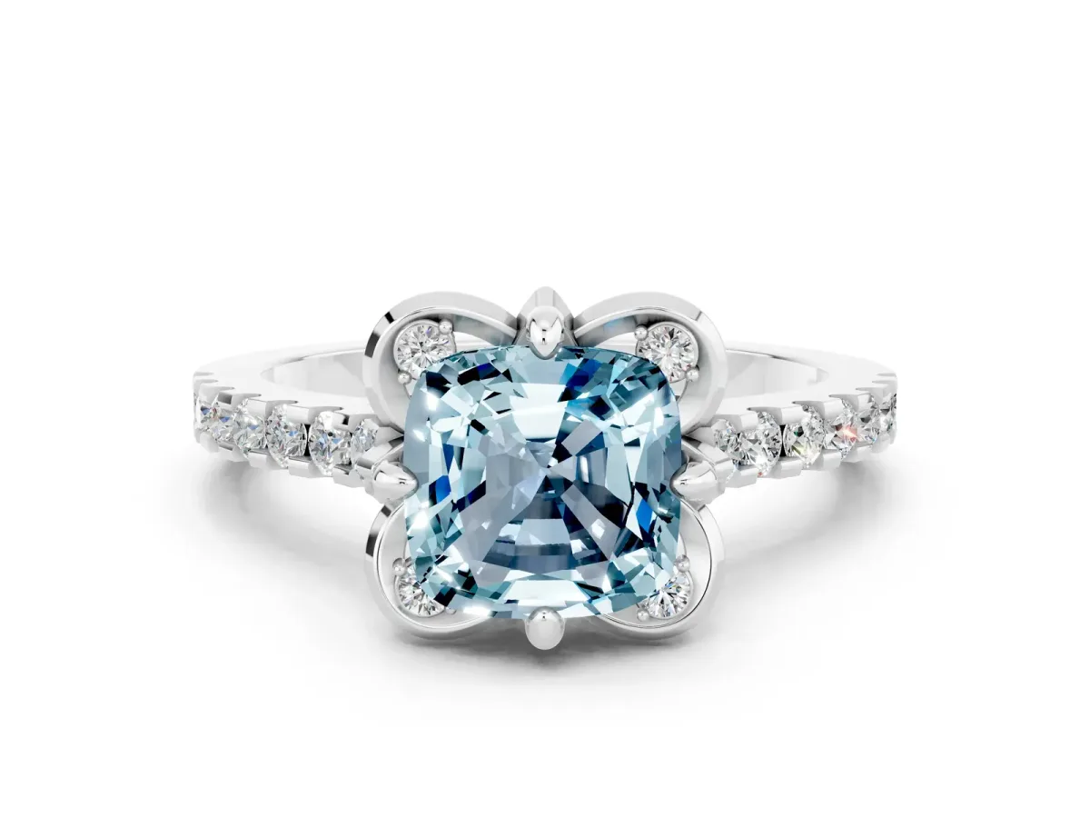 Cushion Cut Aquamarine Ring with Pavé Band and Floral Prong Setting White gold