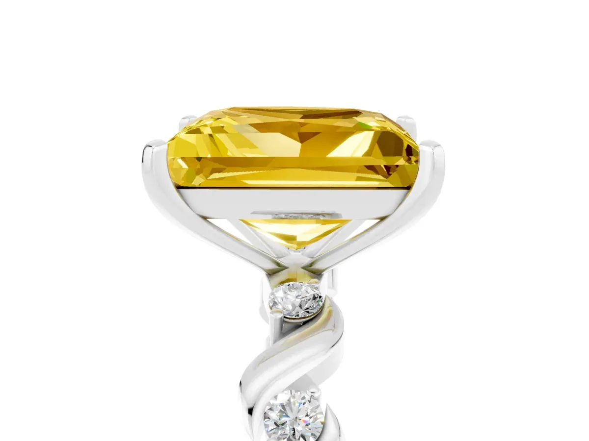 Princess Cut Yellow Sapphire Solitaire Twisted Band with Round Accents and Prong Setting Platinum