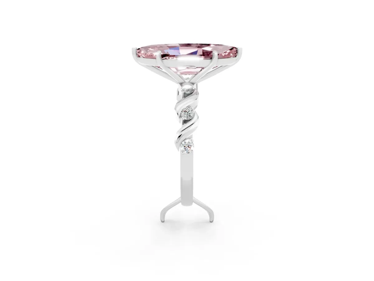 Marquise Cut Morganite Solitaire Twisted Band with Round Accents and Prong Setting White gold