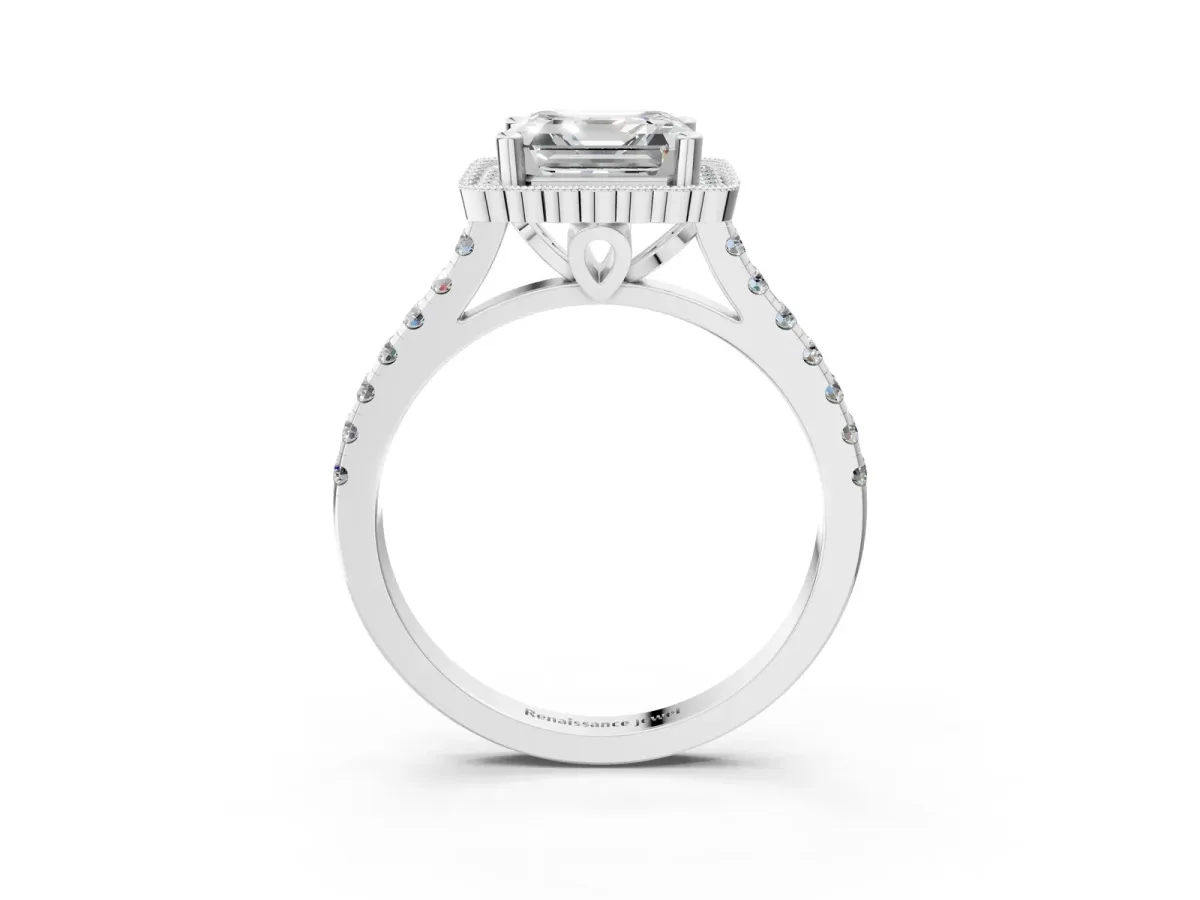 Asscher Cut Cut Diamond Milgrain Floral Halo Engagement Ring with Pavé Band Platinum