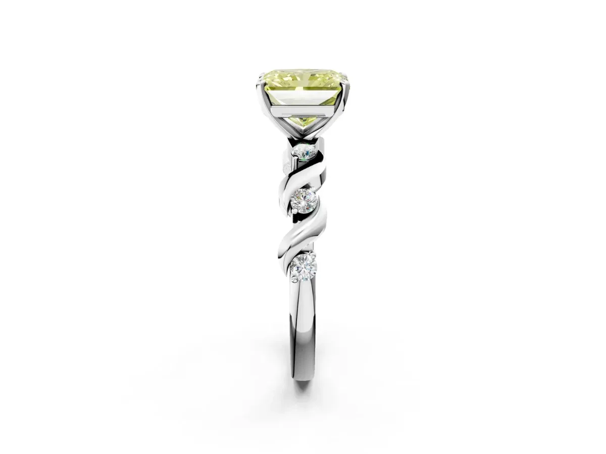 Fancy Yellow Radiant Cut Diamond Solitaire Twisted Band with Round Accents and Prong Setting White gold