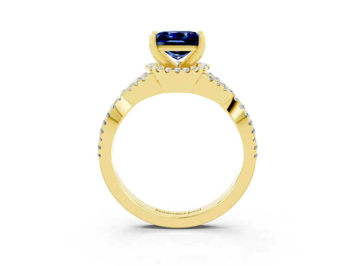 Princess Cut Blue Sapphire Halo Twist Band Solitaire Prong Setting Ring Yellow gold