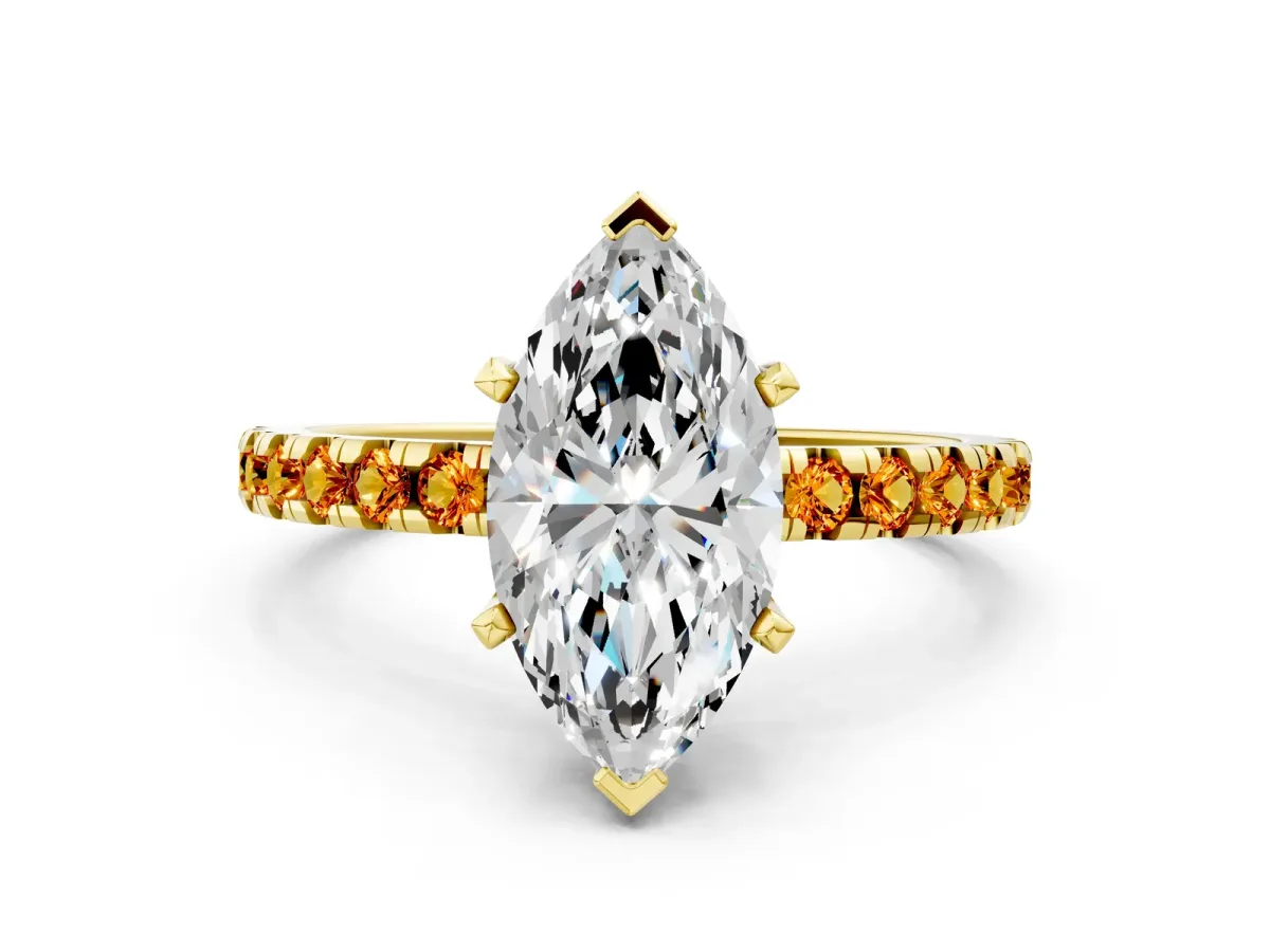 Marquise Cut Diamond Solitaire Ring with Round Citrine Pavé Band and Four-Prong Setting Yellow gold