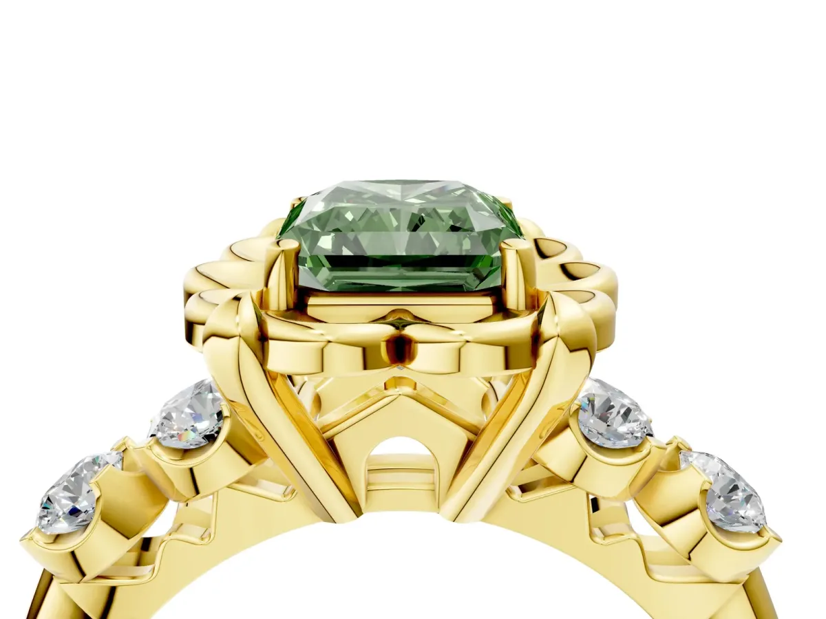 Fancy Green Radiant Cut Cut Diamond Floral Halo Engagement Ring with Shared Prong Setting Yellow gold