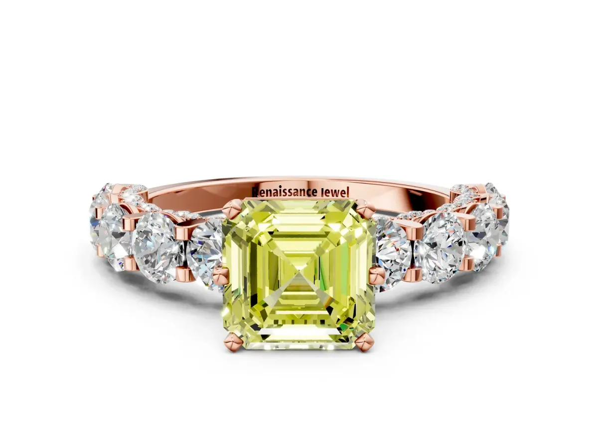 Fancy Yellow Asscher Cut Diamond Side Stone Engagement Ring with Four-Prong Setting Rose gold