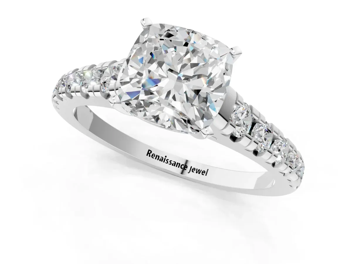 Cushion Cut Diamond Cathedral Solitaire Ring with Round Pavé Band White gold