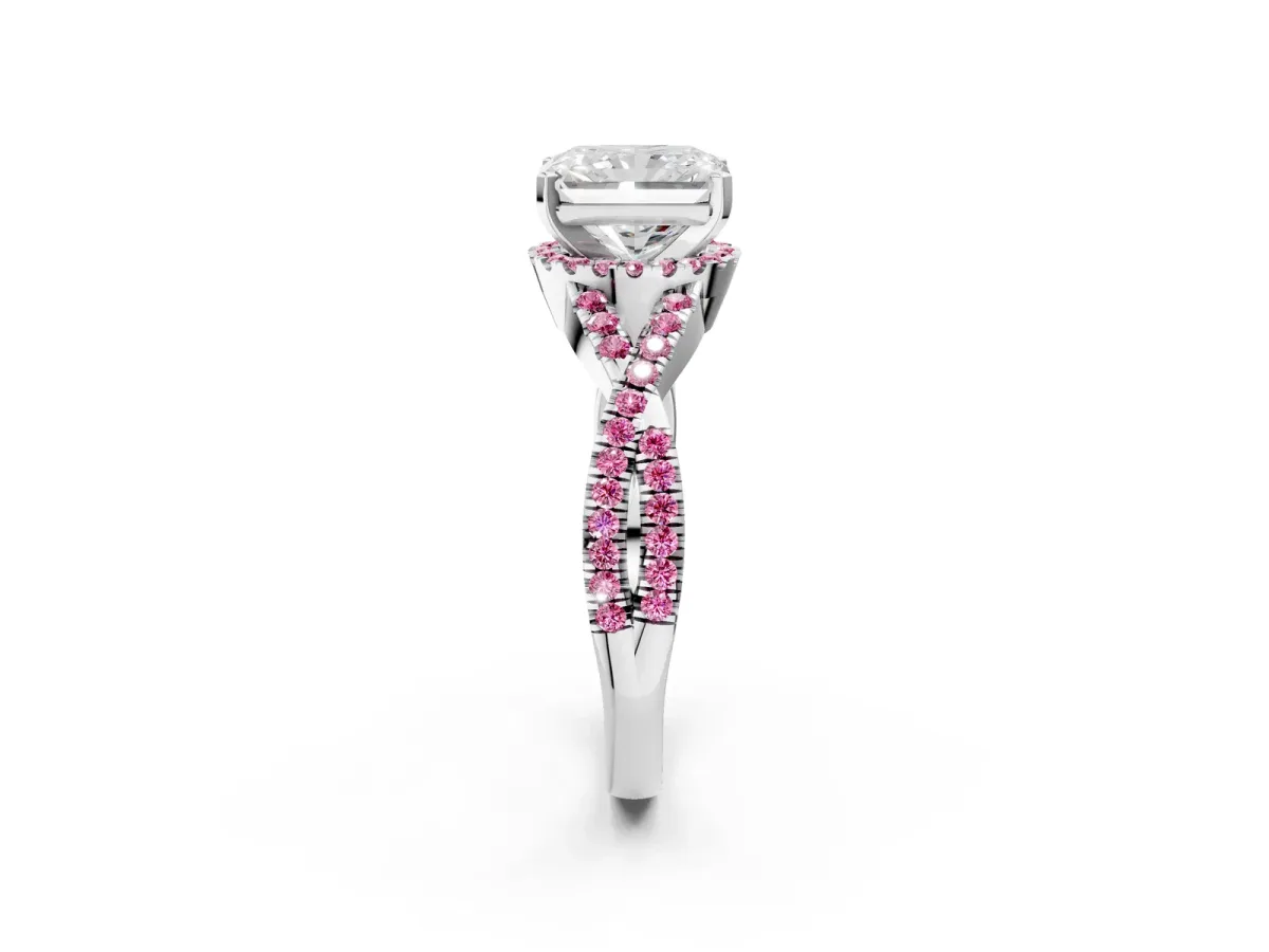 Radiant Cut Diamond Pink Sapphire Halo Twist Band Solitaire Prong Setting Ring White gold