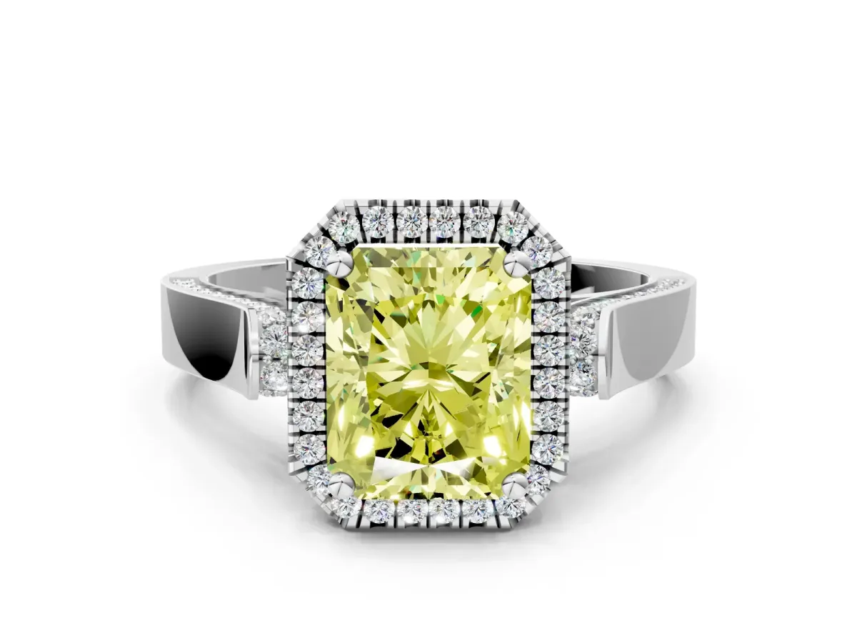 Fancy Yellow Radiant Cut Halo Pave Split Shank Prong Setting Ring Platinum