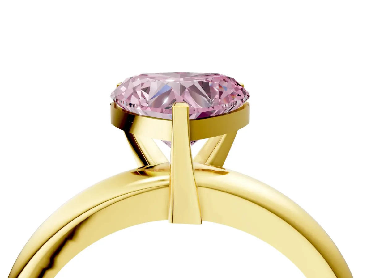 Fancy Pink Heart Cut Diamond Solitaire Engagement Ring with Round Band and Four-Prong Setting Yellow gold