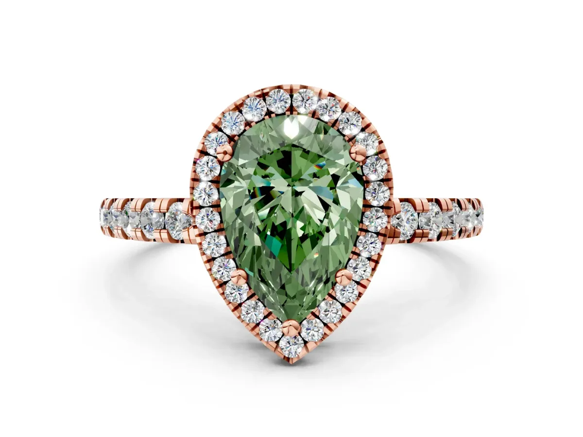 Fancy Green Pear Cut Diamond Halo Ring with Pavé Band and Four-Prong Setting Rose gold