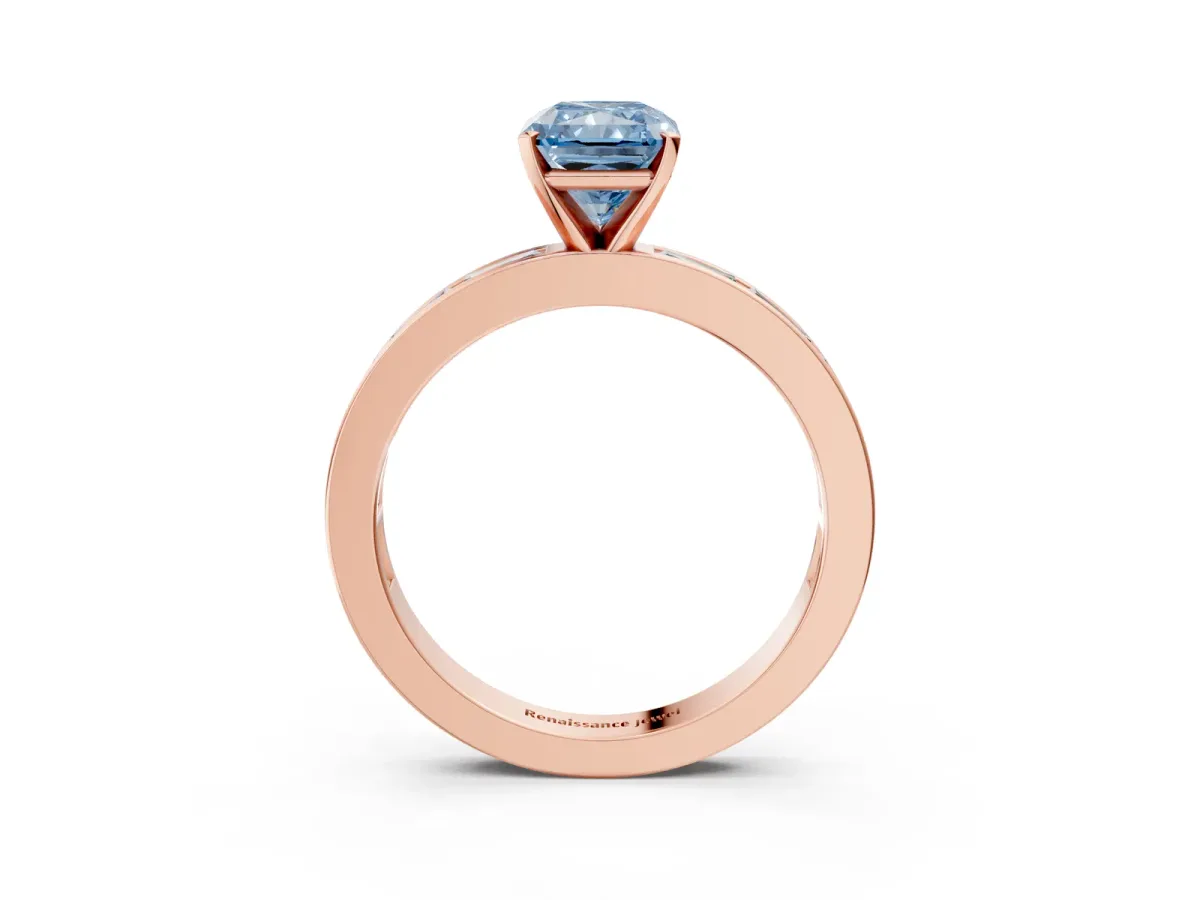 Fancy Blue Radiant Cut Solitaire Diamond Ring with Channel-Set Baguette Band and Four-Prong Setting Rose gold