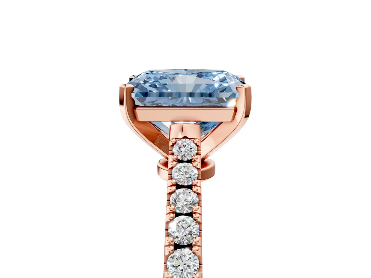 Fancy Blue Radiant Cut Cut Solitaire Diamond Engagement Ring with Pave Band and Four-Prong Setting Rose gold