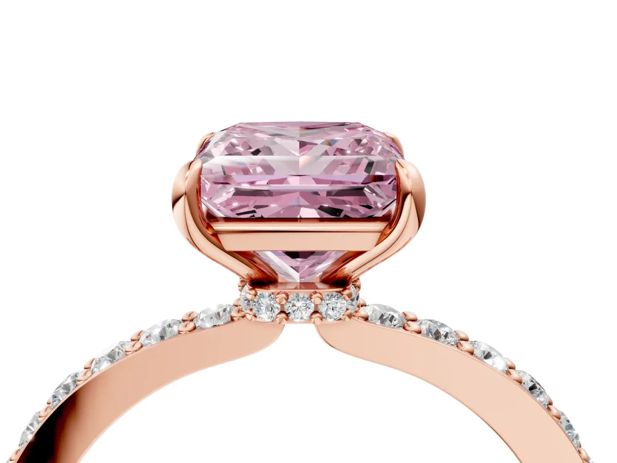 Fancy Pink Princess Cut Diamond Solitaire Engagement Ring with Pavé Band and Four-Prong Setting Rose gold