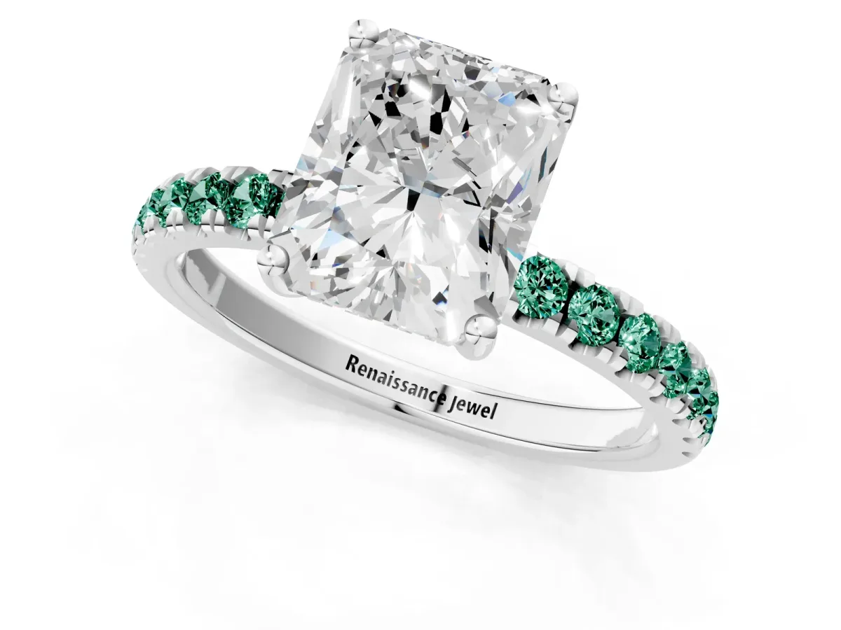 Radiant Cut Diamond Pave Band Solitaire Ring with Round Green Sapphire and Prong Setting White gold