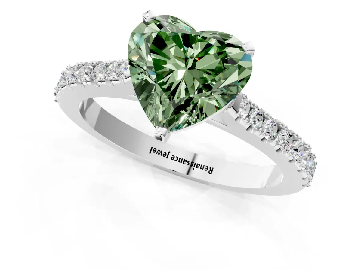 Fancy Green Heart Cut Cut Solitaire Diamond Engagement Ring with Pave Band and Four-Prong Setting White gold
