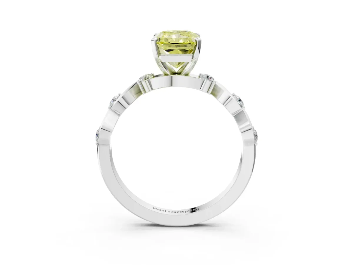 Fancy Yellow Radiant Cut Diamond Solitaire Twisted Band with Round Accents and Prong Setting White gold