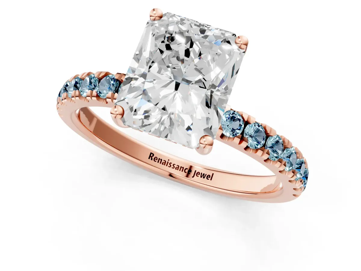 Radiant Cut Diamond Pave Band Solitaire Ring with Round Aquamarine and Prong Setting Rose gold