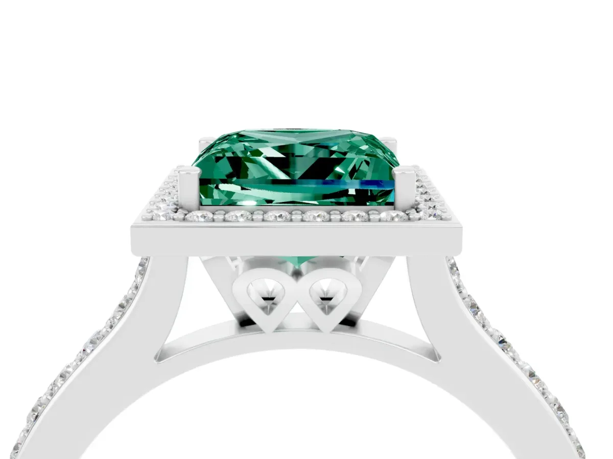 Princess Cut Green Sapphire Halo Engagement Ring with Round Pavé Shoulders and Prong Setting Silver