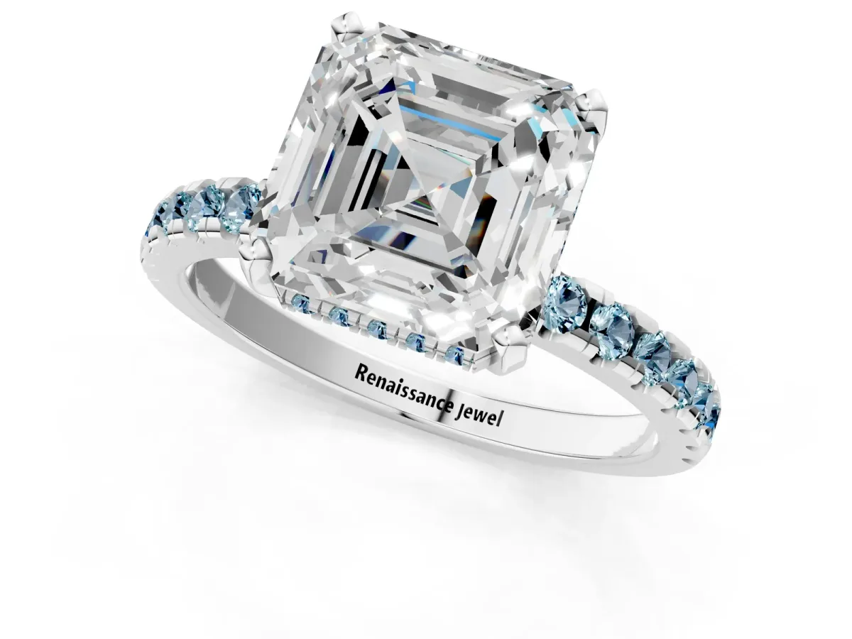 Asscher Cut Diamond Solitaire Ring with Round Aquamarine Pavé Band and Four-Prong Setting White gold