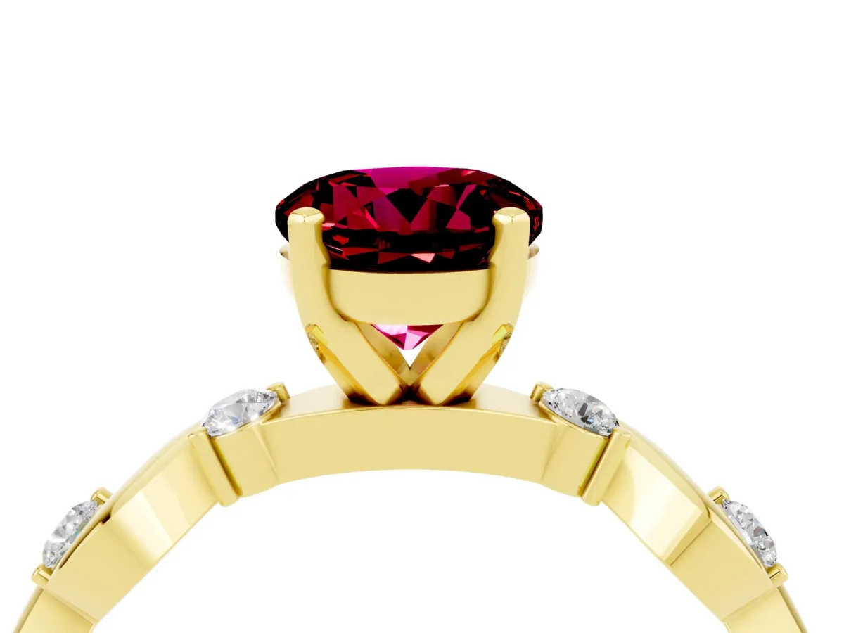 Round Cut Garnet Solitaire Twisted Band with Round Accents and Prong Setting Yellow gold