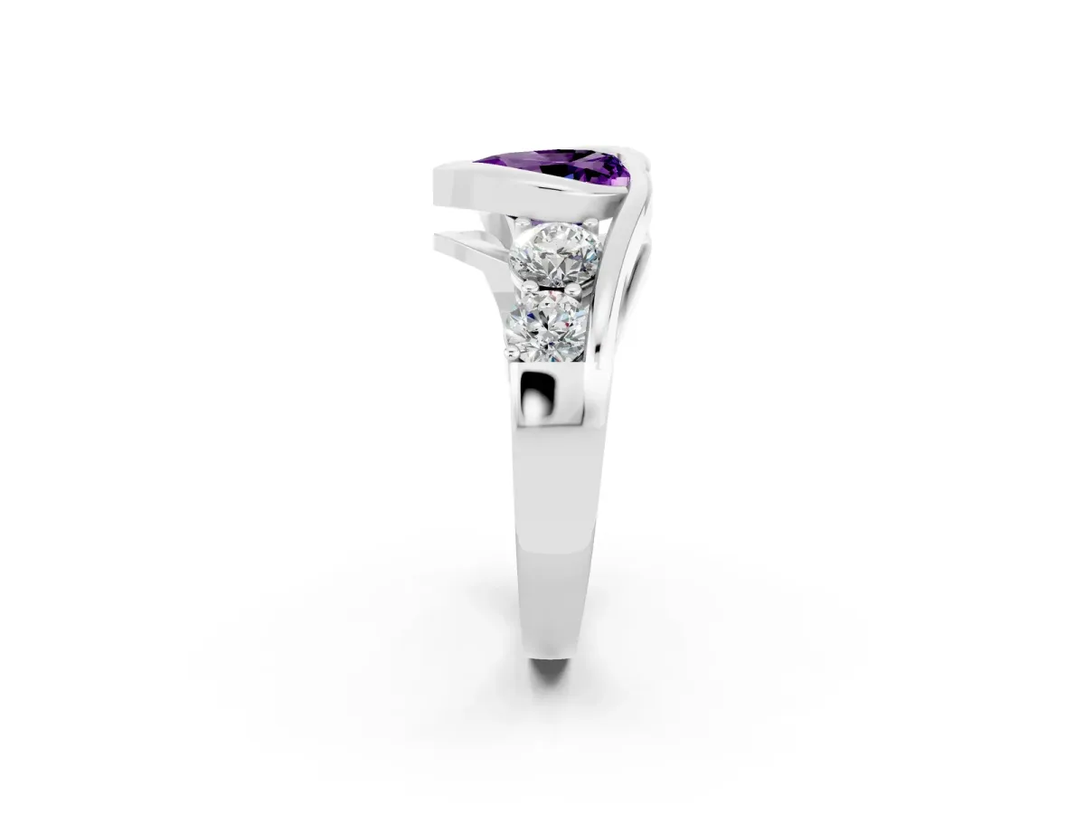 Bezel Set Heart Cut Amethyst Bypass Ring with Round Accents Silver